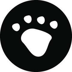 White dog or cat paw print button pet vector icon on black circle. Animal, pet, tracks, and footprints concepts.