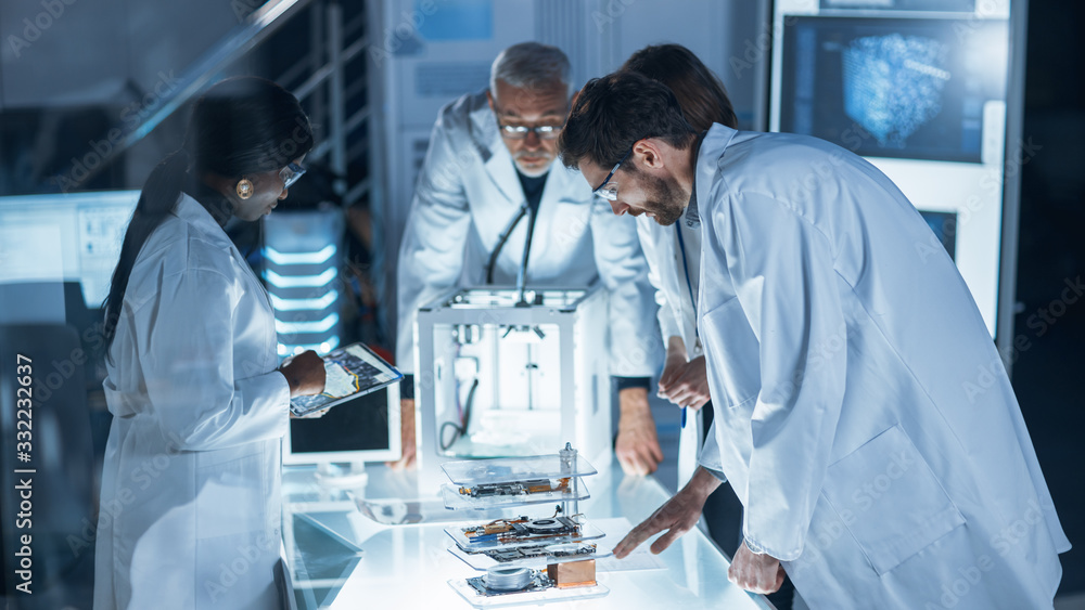 Poster In Technology Research Laboratory: Diverse Team of Industrial Scientists, Engineers, Developers Work with Digital Whiteboard Showing Engine Blueprints, Efficiency Calculated by Neural Network