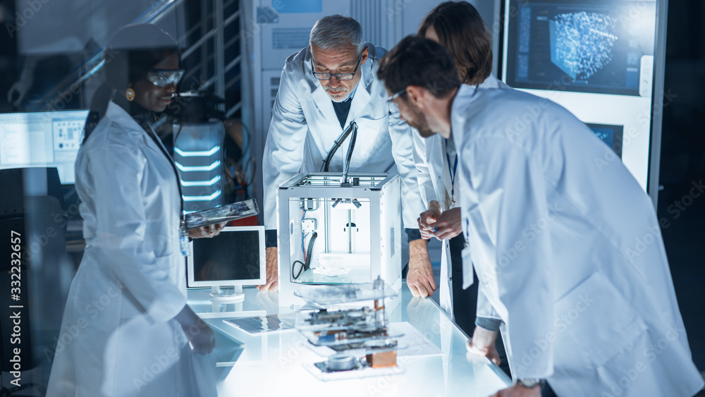 Poster In Technology Research Laboratory: Diverse Team of Industrial Scientists, Engineers, Developers Work with Digital Whiteboard Showing Engine Blueprints, Efficiency Calculated by Neural Network