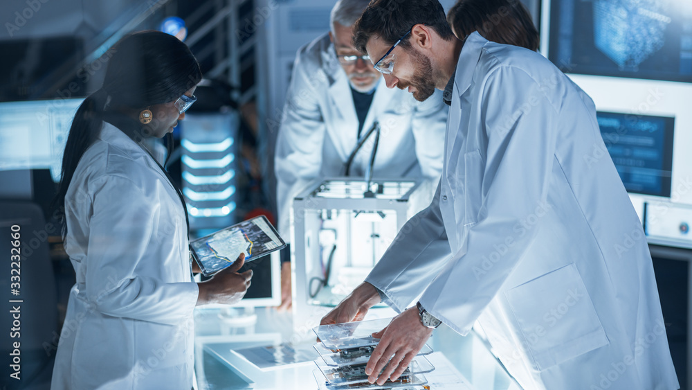 Poster in technology research laboratory: diverse team of industrial scientists, engineers, developers work