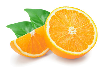 orange fruit slice with leaves isolated on white background