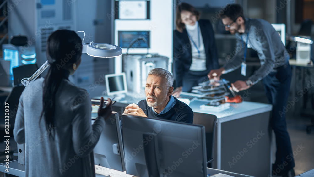 Aufkleber Diverse International Team of Industrial Engineers and Scientists Working in Research Laboratory / Development Center. People Working on New Efficient Engine Concept Design. Professionals Teamwork