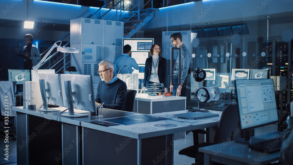 Aufkleber Diverse International Team of Industrial Engineers and Scientists Working in Research Laboratory and Development Center. People Working with 3D Printing, Using Computers, Designing Hardware