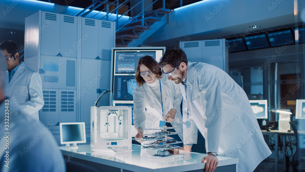 Poster diverse international team of industrial scientists and engineers wearing white coats working on hea