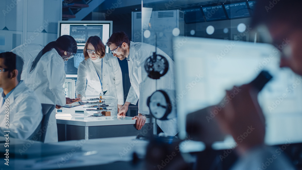 Aufkleber In Technology Research Laboratory: Diverse Team of Industrial Scientists, Engineers, Developers Work with Digital Whiteboard Showing Engine Blueprints, Efficiency Calculated by Neural Network