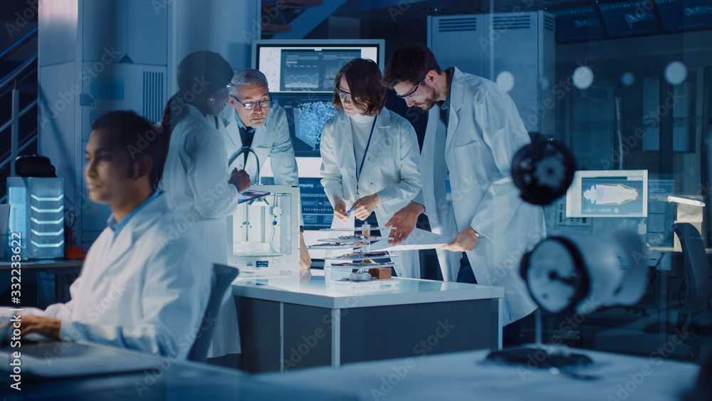 Poster In Technology Research Laboratory: Diverse Team of Industrial Scientists, Engineers, Developers Work with Digital Whiteboard Showing Engine Blueprints, Efficiency Calculated by Neural Network