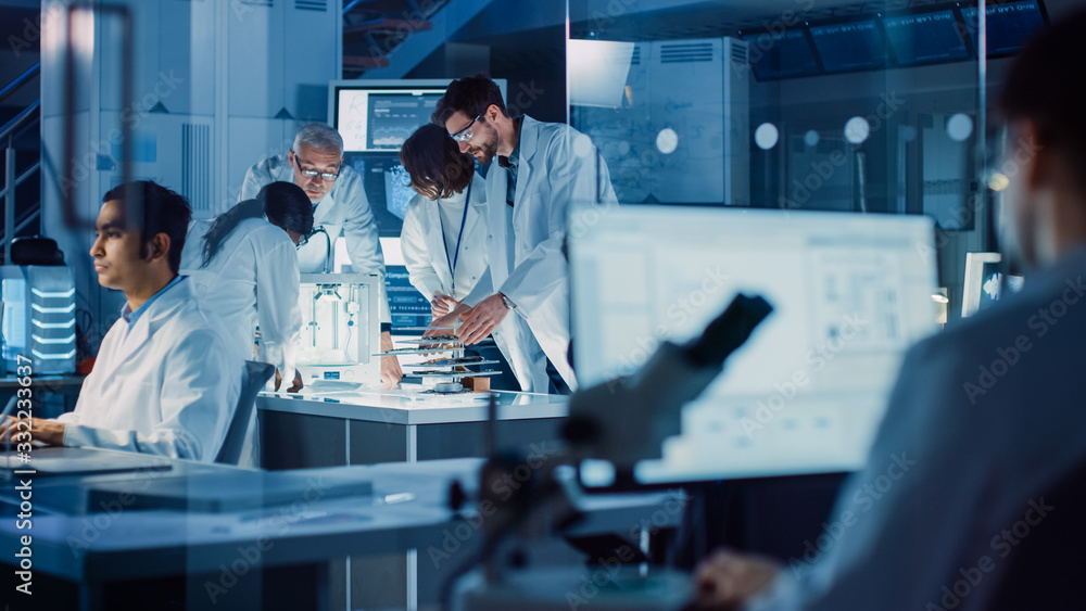 Leinwandbilder in technology research laboratory: diverse team of industrial scientists, engineers, developers gath