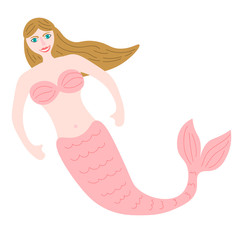 Cute cartoon mermaid in flat style isolated on white background. Vector illustration. 