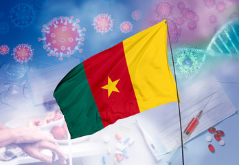 Coronavirus (COVID-19) outbreak and coronaviruses influenza background as dangerous flu strain cases as a pandemic medical health risk. Cameroon Flag with corona virus and their prevention.