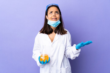 Scientist woman investigating a vaccine to cure coronavirus disease stressed overwhelmed