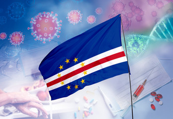Coronavirus (COVID-19) outbreak and coronaviruses influenza background as dangerous flu strain cases as a pandemic medical health risk. Cape Verde Flag with corona virus and their prevention.