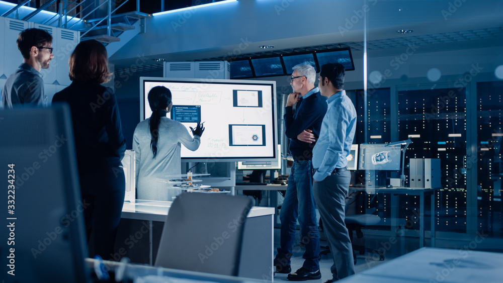 Poster Engineers Meeting in Technology Research Laboratory: Male Engineer Leads Presentation Using Digital Whiteboard, Shows Machine Blueprint, Data Analytics and Neural Network while Colleagues Listening