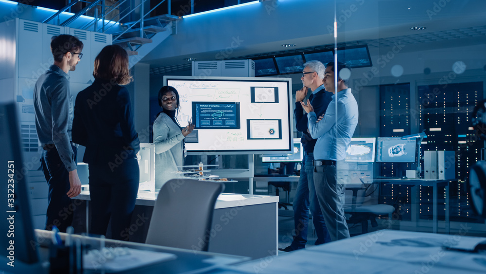 Leinwandbilder Engineers Meeting in Technology Research Laboratory: Male Engineer Leads Presentation Using Digital Whiteboard, Shows Machine Blueprint, Data Analytics and Neural Network while Colleagues Listening