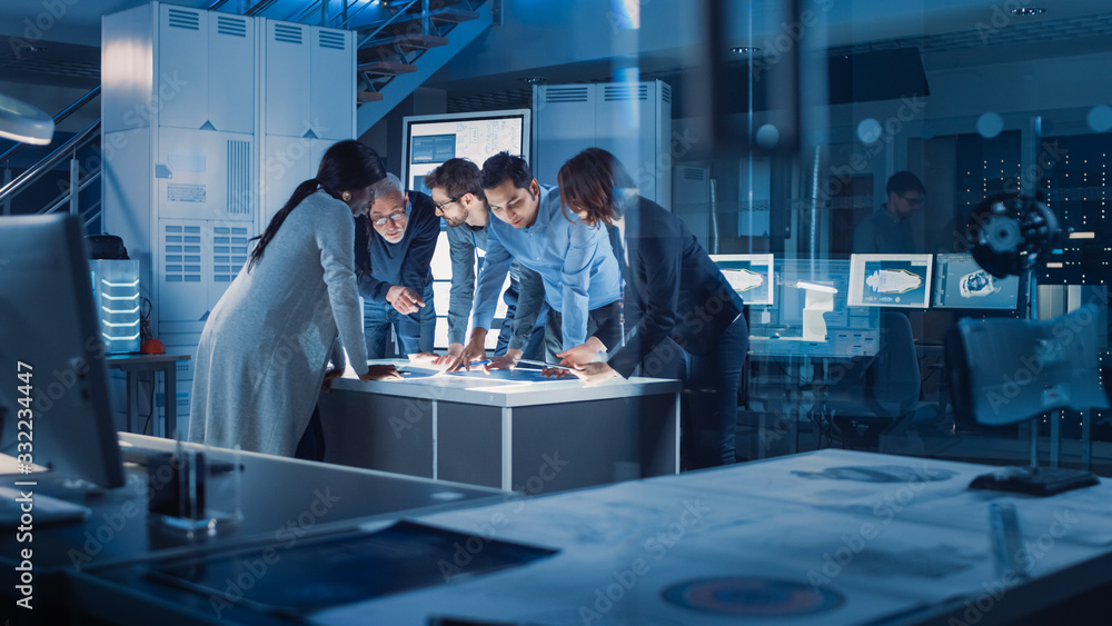 Aufkleber Engineers Meeting in Technology Research Laboratory: Engineers Scientists and Developers Gathered Around Illuminated Conference Table, Talking and Finding Solution, Inspecting Industrial Engine Design