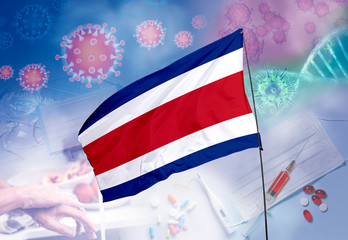 Coronavirus (COVID-19) outbreak and coronaviruses influenza background as dangerous flu strain cases as a pandemic medical health risk. Costa Rica Flag with corona virus and their prevention.