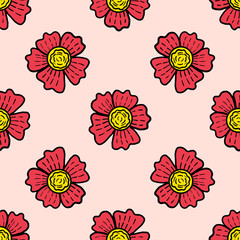 Cute cartoon doodle seamless pattern with flowers on pink. Floral background. Hand drawn flowers. Vector illustration. 