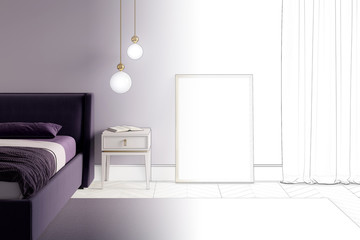 The sketch becomes a real bedroom in purple tones with a poster on the floor in a gold frame, a curtain, a lamp above the nightstand, bed, carpet and white parquet. Front view. 3d render