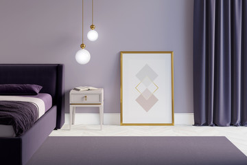 Bedroom in purple tones with a poster on the floor in a gold frame, a curtain, a lamp above the nightstand, bed, carpet and white parquet. Front view. 3d render