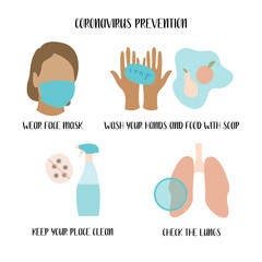 Coronavirus prevention tips. Coronavirus pandemic (covid-19). Novel pneumonia disease. Flat vector illustration, isolated on white.