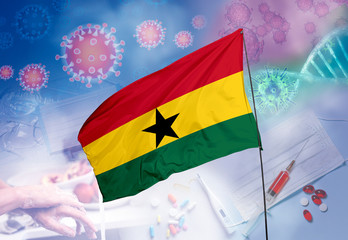 Coronavirus (COVID-19) outbreak and coronaviruses influenza background as dangerous flu strain cases as a pandemic medical health risk. Ghana Flag with corona virus and their prevention.