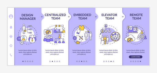 Types of design team onboarding vector template. Elevator teamwork. Remote and in house work group. Responsive mobile website with icons. Webpage walkthrough step screens. RGB color concept