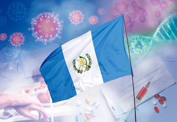 Coronavirus (COVID-19) outbreak and coronaviruses influenza background as dangerous flu strain cases as a pandemic medical health risk. Guatemala Flag with corona virus and their prevention.