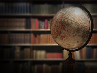 Vintage pattern of globe and books in old retro library.
