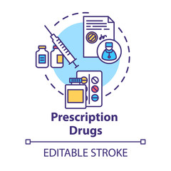 Prescription drugs concept icon. Medical pills idea thin line illustration. Doctor instruction. Patient medications bottles. Vector isolated outline RGB color drawing. Editable stroke