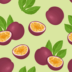 Passion fruit on a green background. Food seamless pattern. Vector illustration of ripe tropical fruit and green leaves in cartoon flat style.