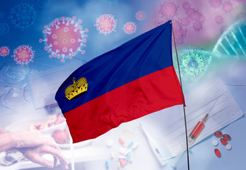 Coronavirus (COVID-19) outbreak and coronaviruses influenza background as dangerous flu strain cases as a pandemic medical health risk. Liechtenstein Flag with corona virus and their prevention.