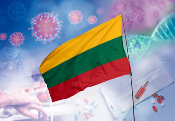 Coronavirus (COVID-19) outbreak and coronaviruses influenza background as dangerous flu strain cases as a pandemic medical health risk. Lithuania Flag with corona virus and their prevention.
