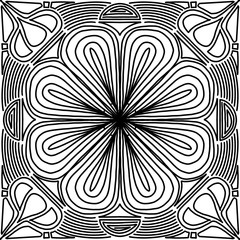 Black and white pattern of a large flower with the addition of symmetrical details.