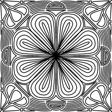 Black and white pattern of a large flower with the addition of symmetrical details.