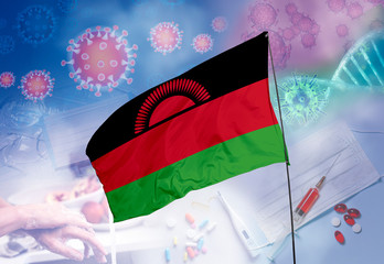 Coronavirus (COVID-19) outbreak and coronaviruses influenza background as dangerous flu strain cases as a pandemic medical health risk. Malawi Flag with corona virus and their prevention.