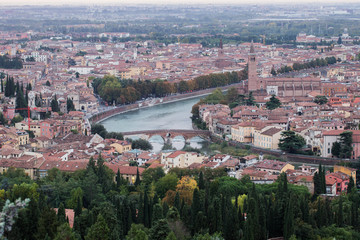 Fototapeta premium Beautiful aerial view of Verona City during summer sunrise. Italy / APRIL 21, 2019