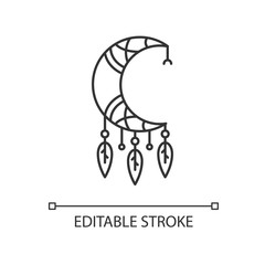 Crescent and feathers amulet in boho style pixel perfect linear icon. Thin line customizable illustration. Contour symbol. Vector isolated outline drawing. Editable stroke illustration