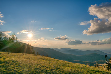 Sunset in mountains in early spring with beautiful sky, Czech Beskydy