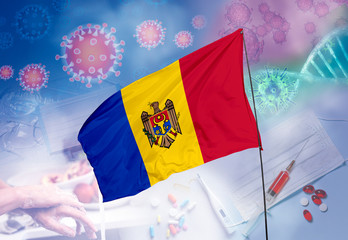 Coronavirus (COVID-19) outbreak and coronaviruses influenza background as dangerous flu strain cases as a pandemic medical health risk. Moldova Flag with corona virus and their prevention.