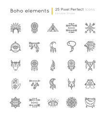 Boho style pixel perfect linear icons set. Native American Indian amulets. Dreamcatcher ethnic charms. Customizable thin line contour symbols. Isolated vector outline illustrations. Editable stroke
