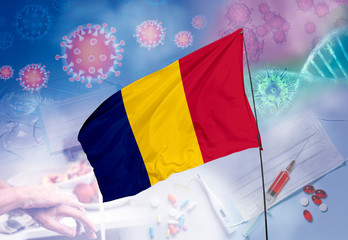 Coronavirus (COVID-19) outbreak and coronaviruses influenza background as dangerous flu strain cases as a pandemic medical health risk.Chad Flag with corona virus and their prevention.