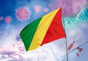 Coronavirus (COVID-19) outbreak and coronaviruses influenza background as dangerous flu strain cases as a pandemic medical health risk.Republic of the Congo Flag with corona virus and their prevention