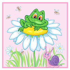 A cute little frog is sitting on a big chamomile and a small snail is nearby. Card in cartoon style on a pink background. Vector illustration