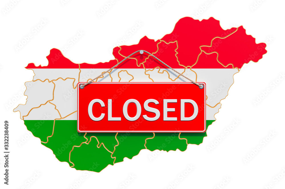 Poster hungarian map with closed hanging sign, quarantine concept. 3d rendering