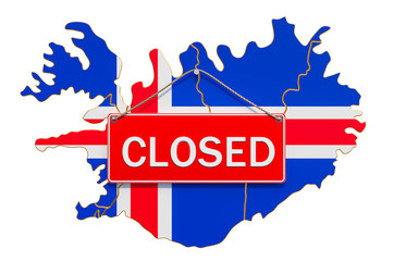 Obraz premium Icelandic map with closed hanging sign, quarantine concept. 3D rendering