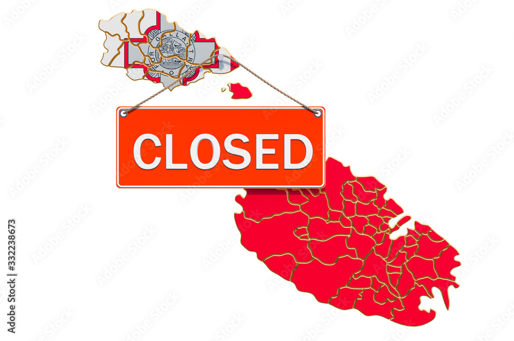 Poster maltese map with closed hanging sign, quarantine concept. 3d rendering
