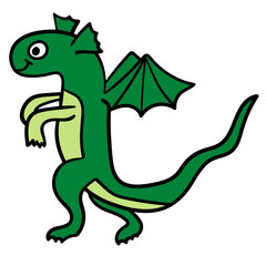 Cute cartoon doodle linear smiling dragon walking isolated on white background. Vector illustration. 
