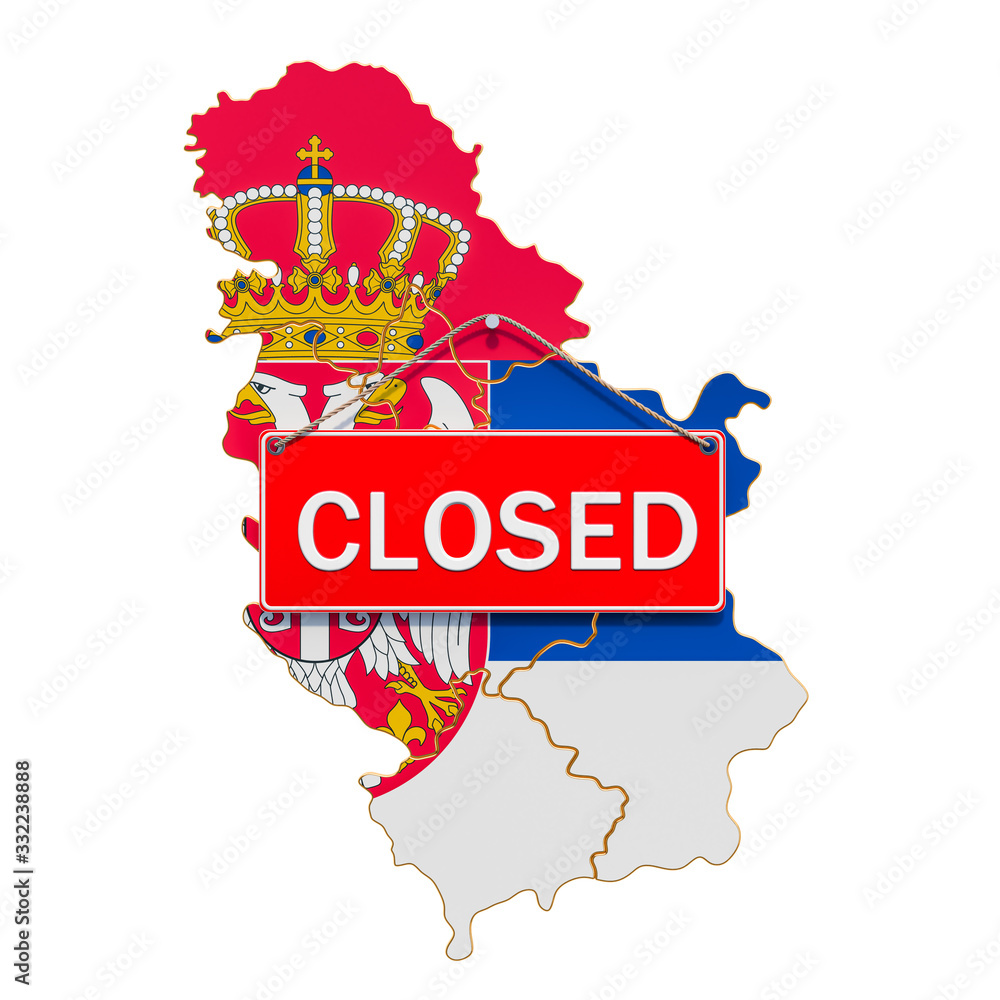 Poster serbian map with closed hanging sign, quarantine concept. 3d rendering