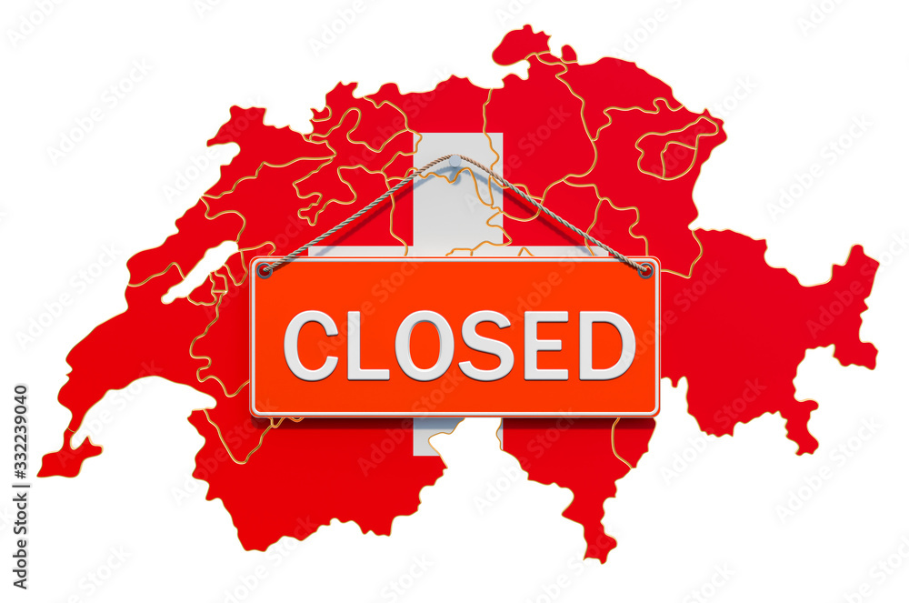 Poster swiss map with closed hanging sign, quarantine concept. 3d rendering