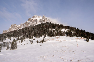 Fototapeta na wymiar Mountain Velky Rozsutec in Male Fatra in winter and in high winds flying snow from the top, slovakia