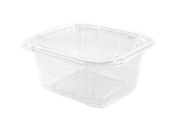 transparent plastic container isolated on a white background. Capacity for products.